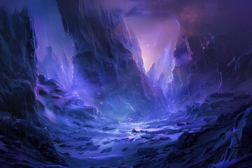 A Mystical Purple Mountain Valley with Glowing Lights