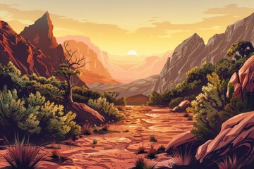 Sunset Over a Canyon in the Desert with a Winding Path Through the Rocks