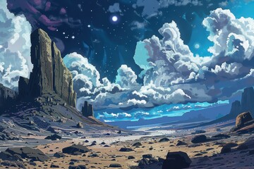 Nighttime Landscape with Giant Rock Formations and Cloudy Sky