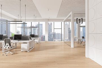 Stylish office room interior with coworking and conference room, window