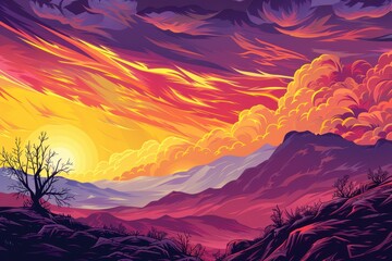 Sunset over Mountain Range with Clouds and a Single Tree