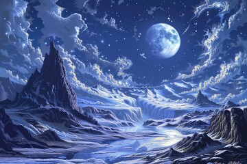 Two Figures Standing in a Frozen Valley Under a Full Moon and Starry Sky