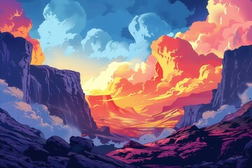 A Colorful Sunset Over a Rocky Canyon Landscape