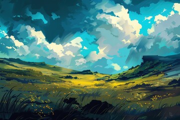Lush Green Valley Under a Blue Sky with Puffy Clouds