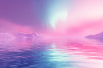 Obraz premium 3D render of an abstract background with a blurry surface and a pink-blue sky with northern lights.