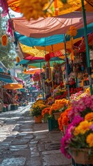 Colorful Market Stalls with Flowers in Mexico.