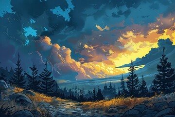 Forest Trail at Sunset with Dramatic Sky