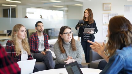 Collaborative team of creative professionals brainstorming ideas during an innovative meeting in a modern office setting