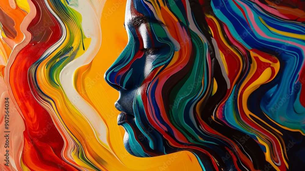 Poster abstract of a female figure with vibrant and colorful paint swirls creating a captivating and mesmer