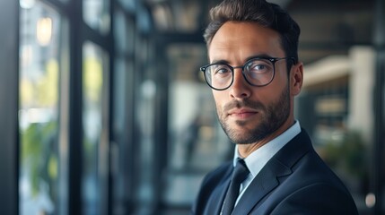 Fototapeta premium Portrait of a confident business leader in formal attire with a focused expression, representing professionalism and leadership in a corporate environment.