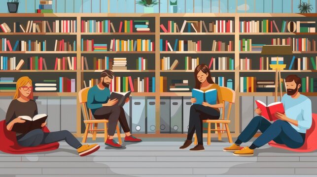 Diverse group of people reading books in a library.