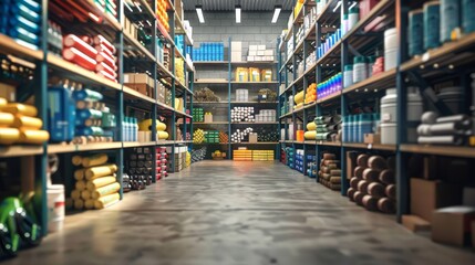 Fototapeta premium Aisle in a Warehouse with Colorful Products on Shelves