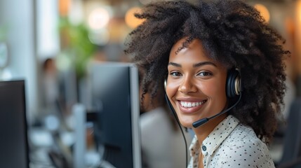 Smiling customer service representative with an afro hairstyle providing professional support while using a headset and computer in a modern office environment.