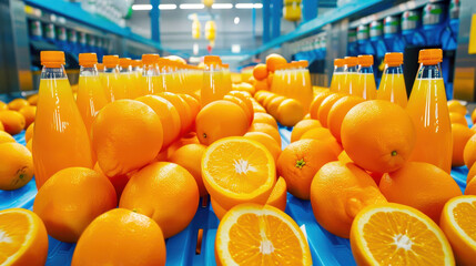 A vibrant display of fresh oranges and orange juice bottles, showcasing a colorful assortment of healthy fruits and beverages.