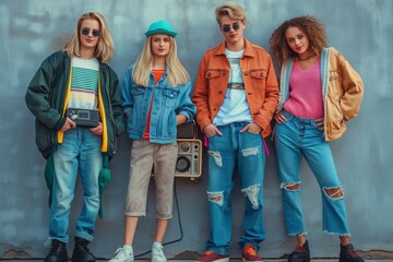 Obraz premium Stylish young women in trendy streetwear outfits, listening to music with headphones, posing confidently.