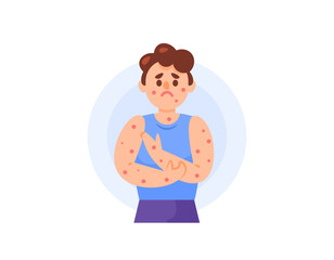 illustration of a boy suffering from chicken pox or Varicella. feeling itchy and red spots appearing on the skin. Viral infections and skin diseases. health problems. flat style character design