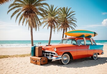 Retro car with surfboard and suitcases on a beach with palms. Summer concept for banner copy space