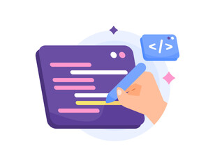 programming concept. programming course or training. learn to create a program script. illustration of a hand using a pen to write a program script. coding. flat style design. graphic elements