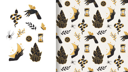 Seamless boho mystique pattern. Esoteric ornament in gold and black. Witchcraft, Halloween
