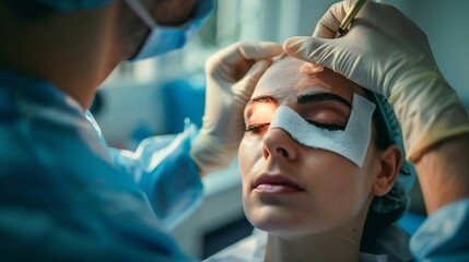 Close-up of a patient receiving a protective eye patch from a doctor for a red eye.