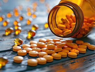 Close-up of a bottle of pills on a flat surface, perfect for medical or pharmaceutical concepts