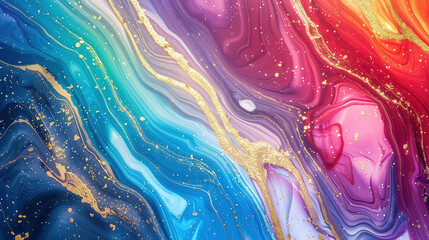 Fototapeta premium Vibrant marble ink texture background featuring fluid color patterns and golden accents
