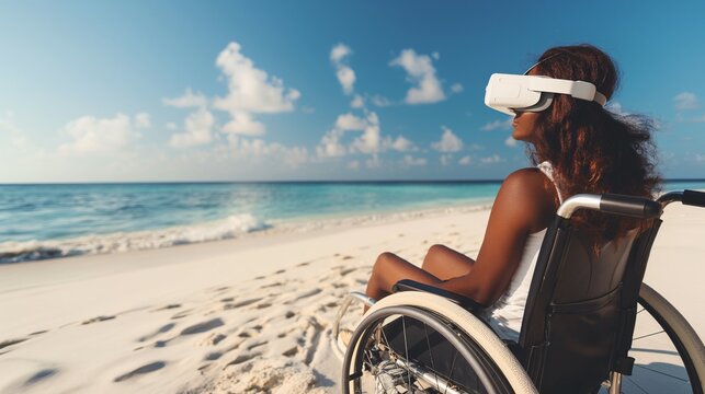 African American Woman in Wheelchair Using VR Headset on a Beach