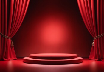 Podium red background and fabric curtain with spotlight luxury, product display stage concept