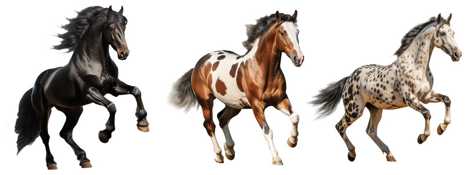 Set of the horse breeds in different colors, running and jumping in different positions on the transparent background. Horse races and farm concept. Outdoor idea.