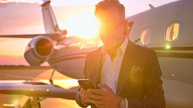 Successful Businessman By Private Jet At Sunset