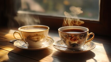 Two Cups of Hot Coffee, Steaming and Inviting