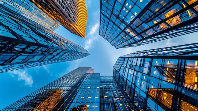 Modern urban skyline with reflective glass skyscrapers and business office buildings under clear blue sky, showcasing contemporary architecture and corporate environment