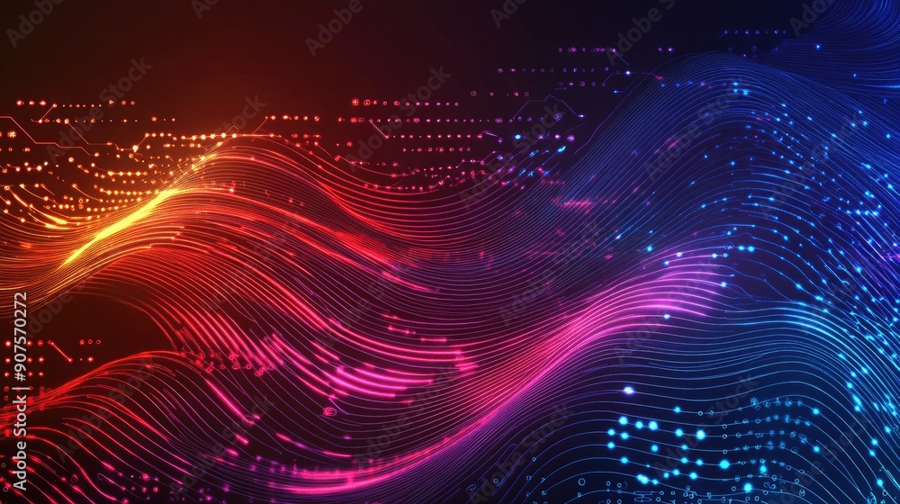 Poster high-tech abstract vector background with digital wavy lines and circuit patterns