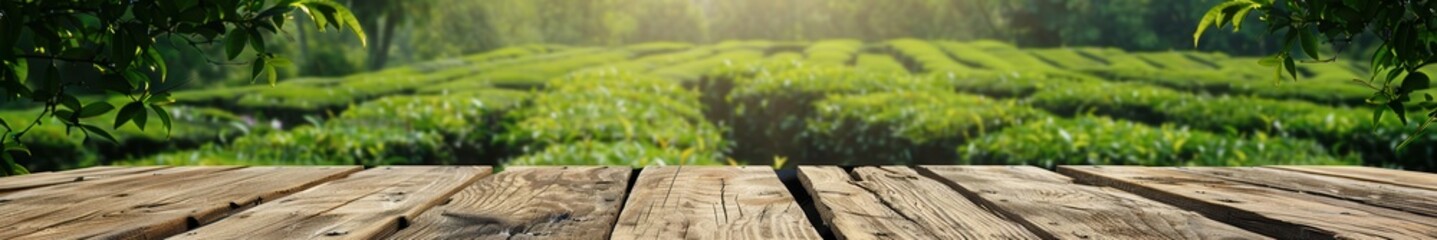 Fototapeta premium Empty rustic wooden table, green foliage background. Free copy space for banner.