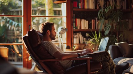 Comfortable home office setup with relaxed professional working remotely on laptop, featuring cozy interior design elements and a productive teleworking environment for modern work-life balance
