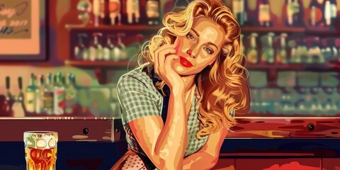 Fototapeta premium A woman enjoying a cold beer at a modern bar, perfect for everyday use or as a background image