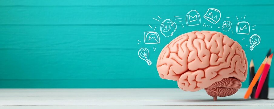 Brainstorming concept, brain with idea symbols, 3D Style illustration