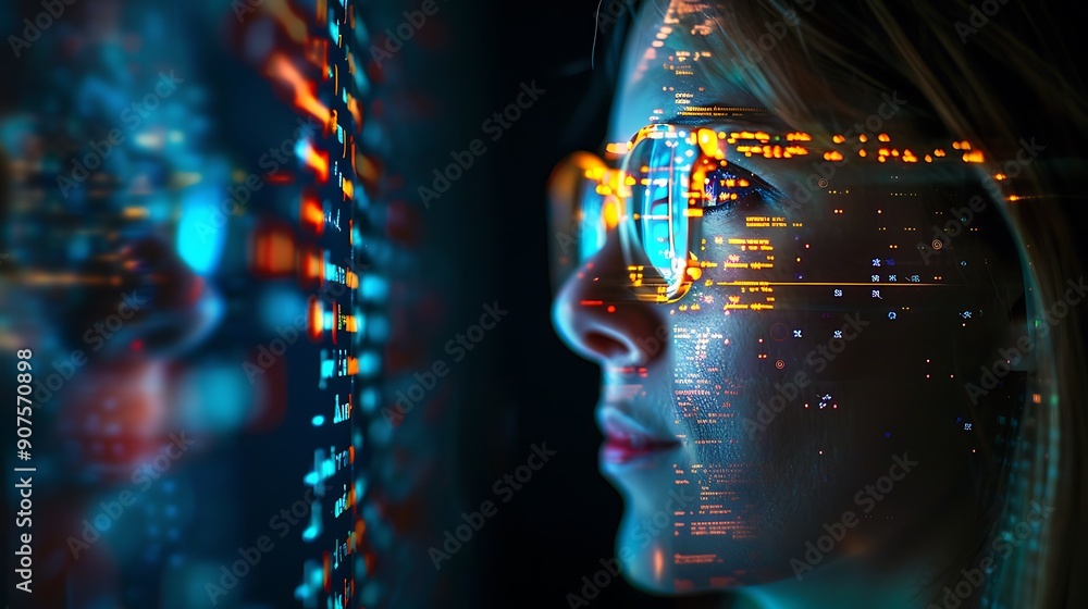 Poster woman's face is overlaid with digital code and a blurred background of glowing data. this visually r