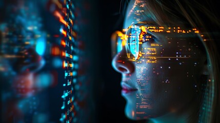 Woman face overlaid with digital code and glowing data background with visual blend for humanity and technology merging in futuristic digital world concept.