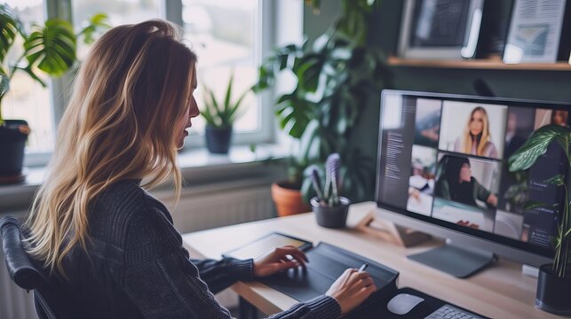 Remote hybrid work and telecommuting setup with businesswoman on laptop in a home office for virtual team collaboration and teleconference meeting with coworkers