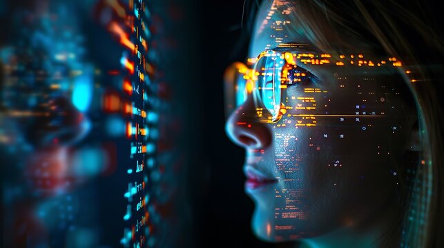 Woman face overlaid with digital code and glowing data background with visual blend for humanity and technology merging in futuristic digital world concept. - Powered by Adobe