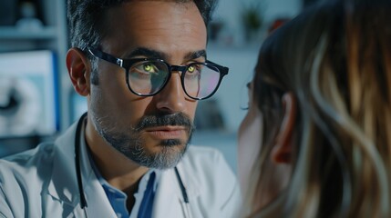 Focused shot of a doctor teaching a patient how to avoid eye irritants that cause red eye.