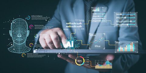 Data science of a human head overlaid with digital data and network symbols indicating artificial intelligence, digital technology, Big data analysed with AI technology for business analytics.