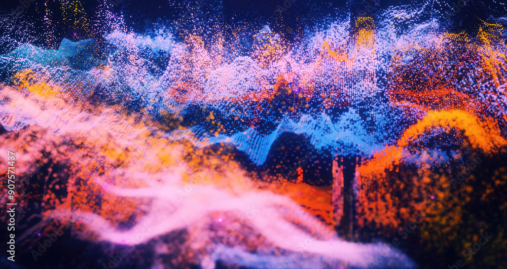 Poster abstract moving futuristic landscape of particles and dots of energy magic with glow and blur effect