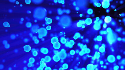 Abstract blue glowing background with flying balls circles atoms molecules particles energy bubbles