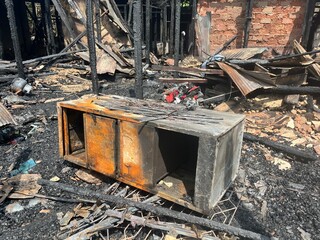 House Ruined by Fire. Fire Caused by Short Circuit. Fire Disaster. Interior of Wooden House...