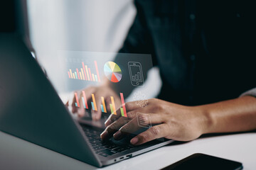 person typing on a laptop with floating data charts and graphs. It represents the use of digital tools for data analysis, business intelligence, and visualizing metrics to support decision-making.
