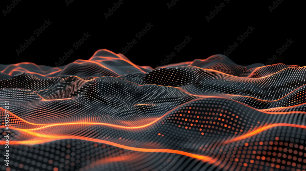 Poster abstract digital landscape with orange glowing dots on wavy lines against a black background, repres
