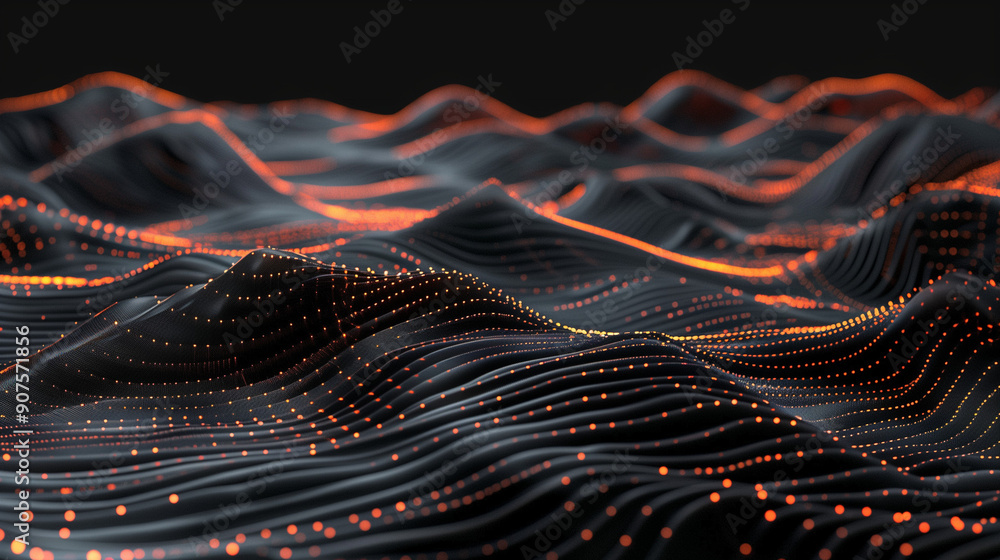 Aufkleber abstract digital landscape with orange glowing dots on wavy lines against a black background, repres