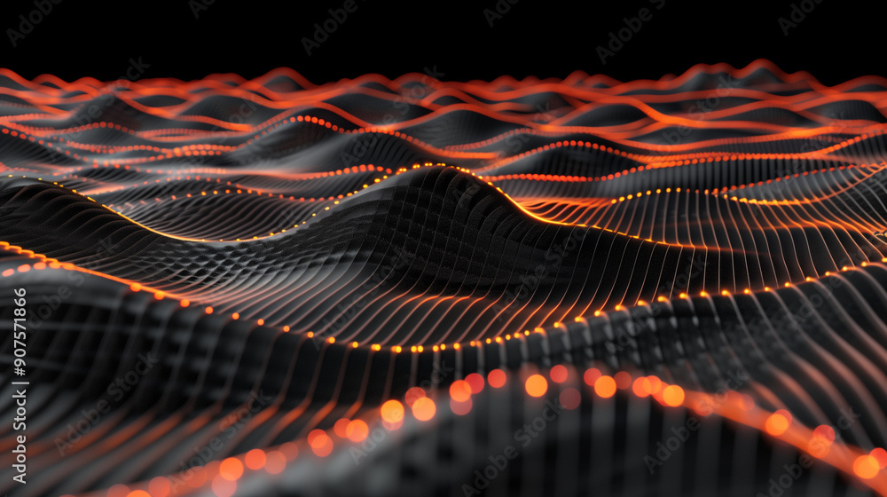 Aufkleber Abstract digital landscape with orange glowing dots on wavy lines against a black background, representing AI technology and futuristic innovation. Ideal for modern tech themes, highlighting connectiv